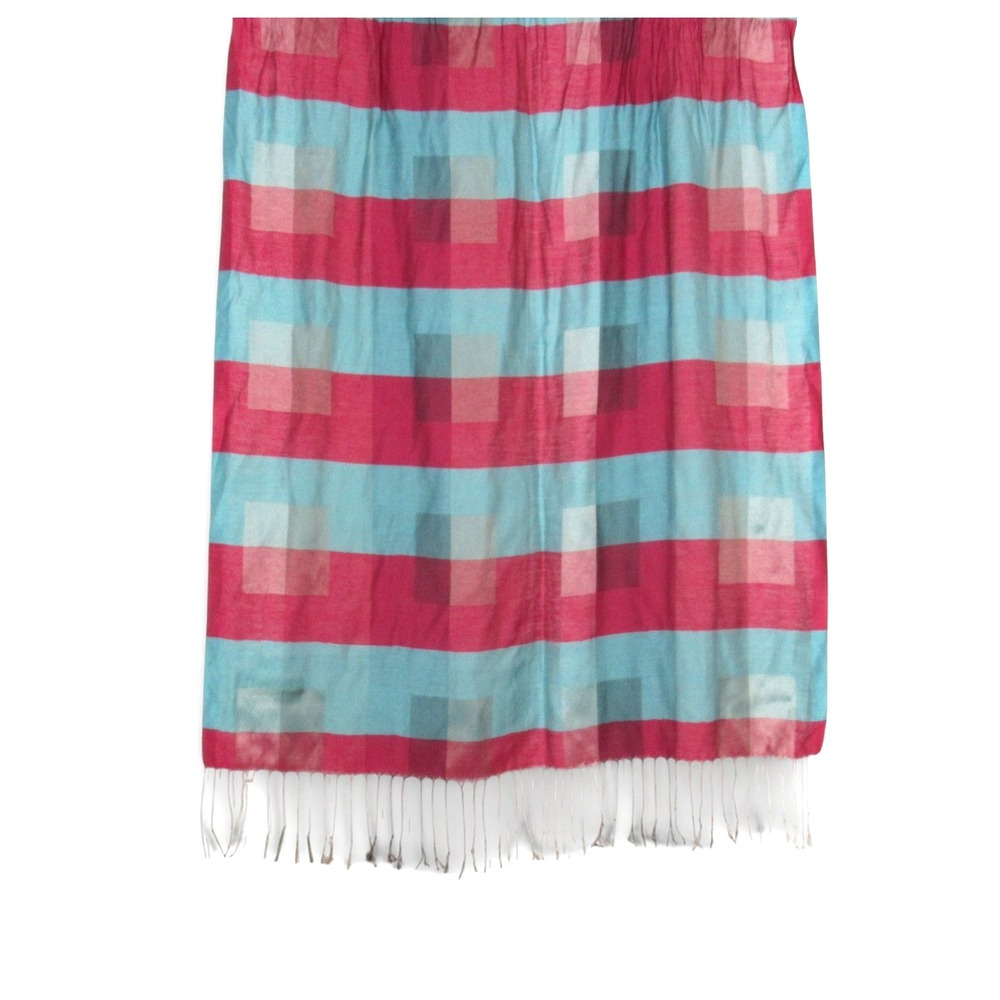 PASHMINA Blue/Pink/Red CAMBODIAN SILK Plaid-Check Print TASSELS Rectangle Scarf